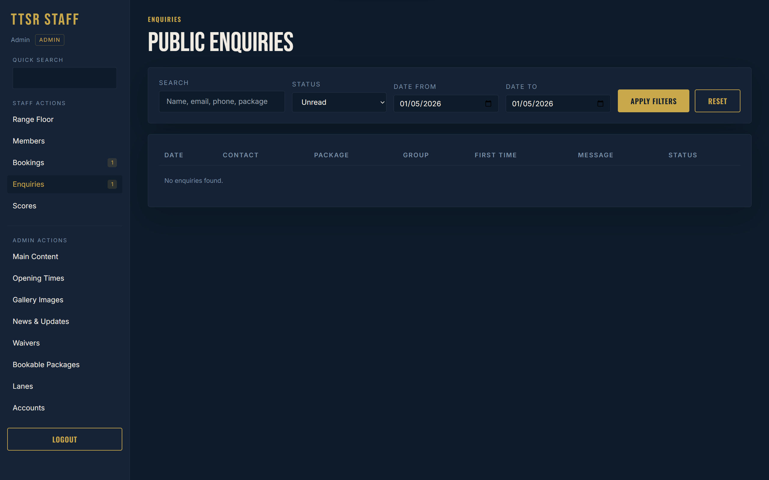 Enquiries management screen with search, filters, and status tracking