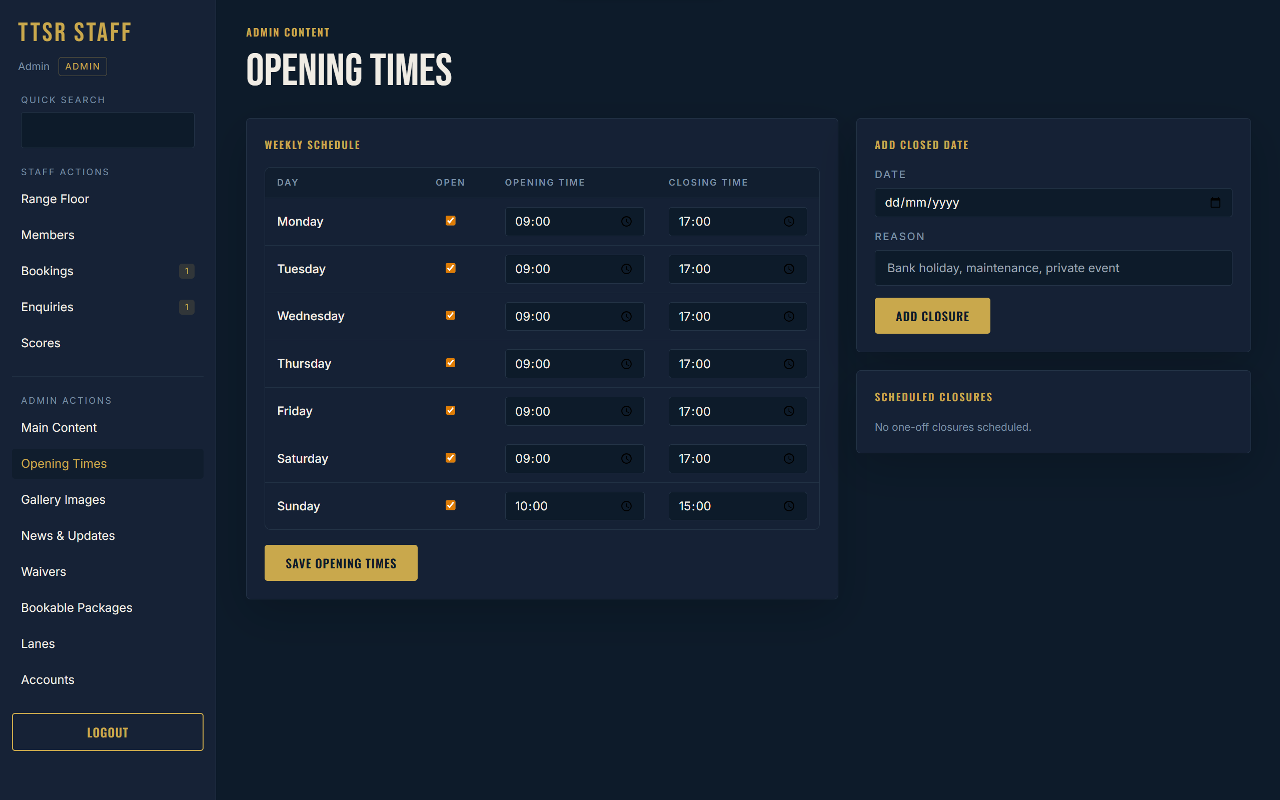 Opening times management with weekly schedule and closure dates