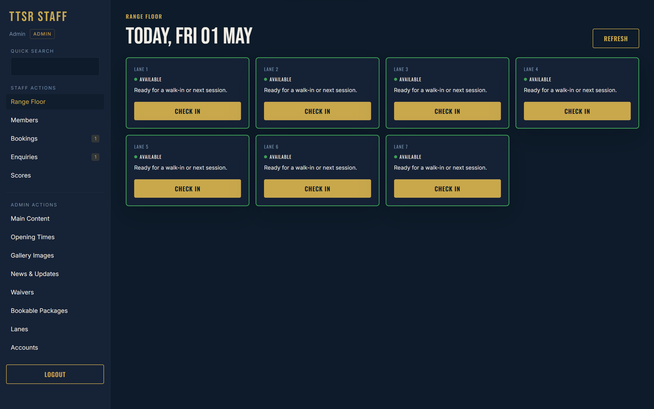 Range floor dashboard showing 7 lanes with real-time availability and check-in controls